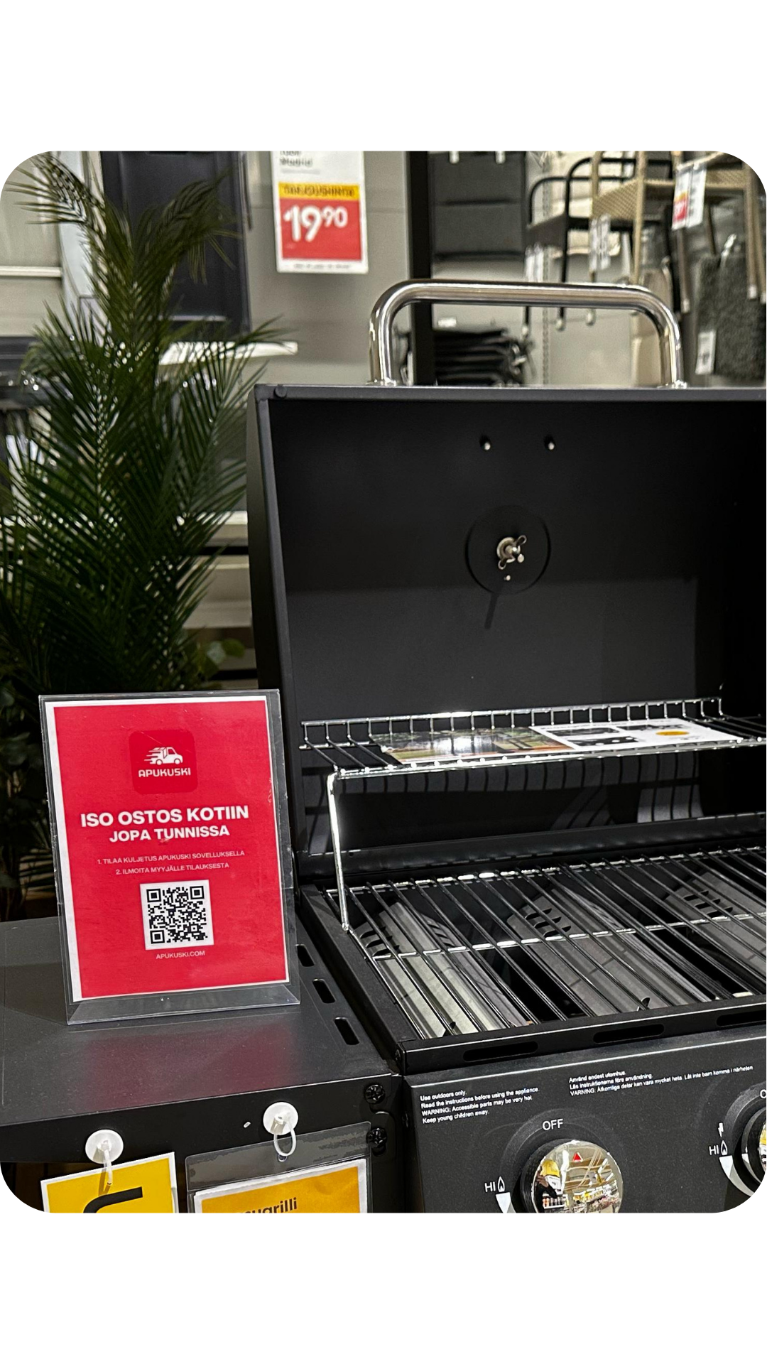 Apukuski kyltti - myymälässä
